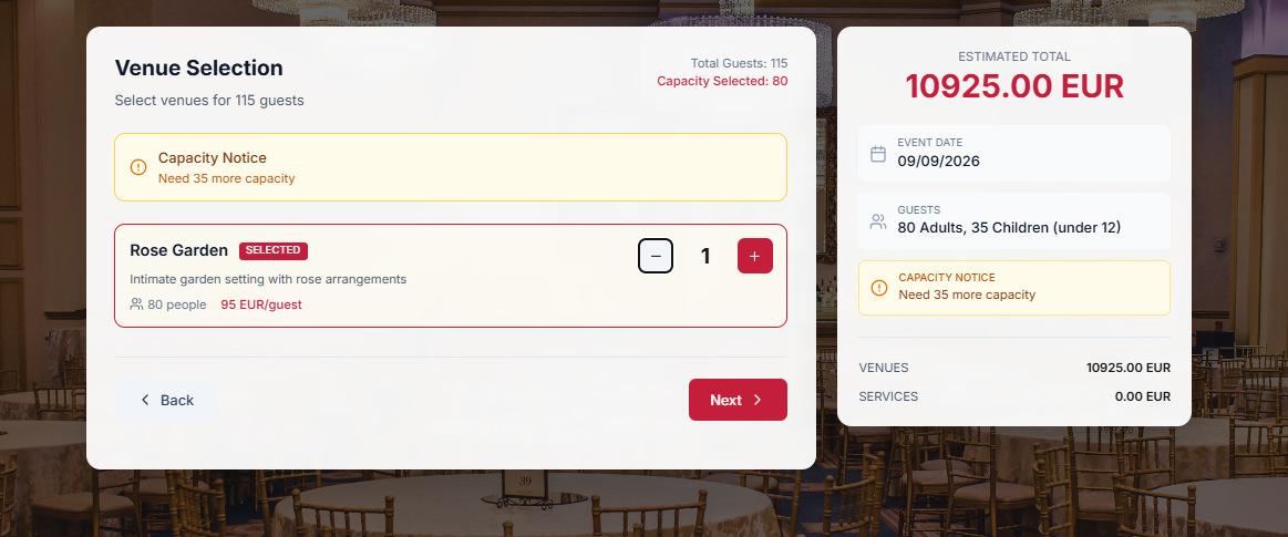 Event4u venue selection interface